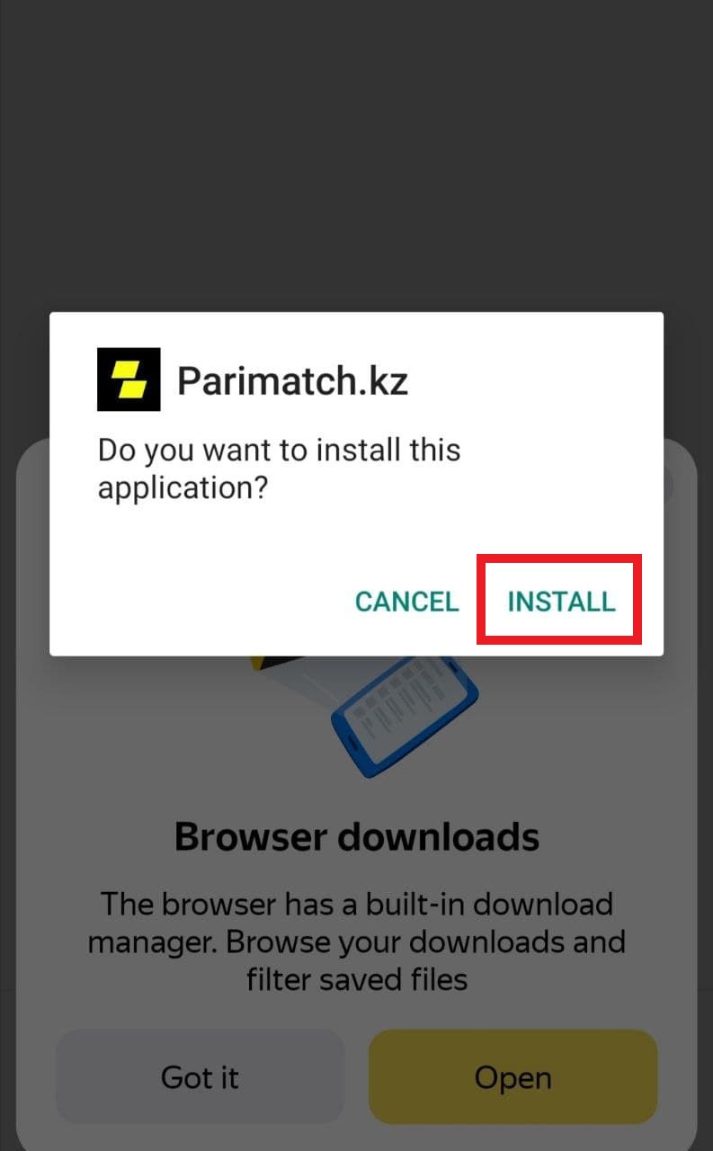 Кнопка установки мобильного приложения БК Parimatch.kz для Андроид